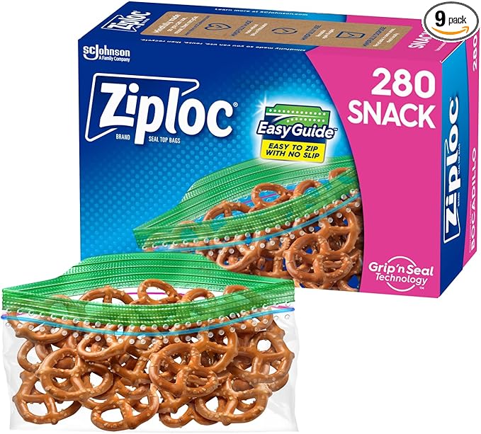 Ziploc Snack Bags for On the Go Freshness, Grip 'n Seal Technology for Easier Grip, Open, and Close, 280 Count (Pack of 9)