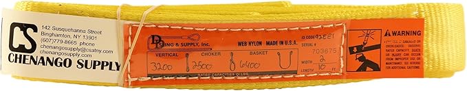 DD Sling. Multiple Lengths! (100% USA Made), 1-PLY, 2" Wide Nylon Lifting Sling. 3,200lbs Vertical, 2,500lbs Choker, 6,400lbs Basket, Eye & Eye, Heavy Duty (900 Webbing) (2" x10')