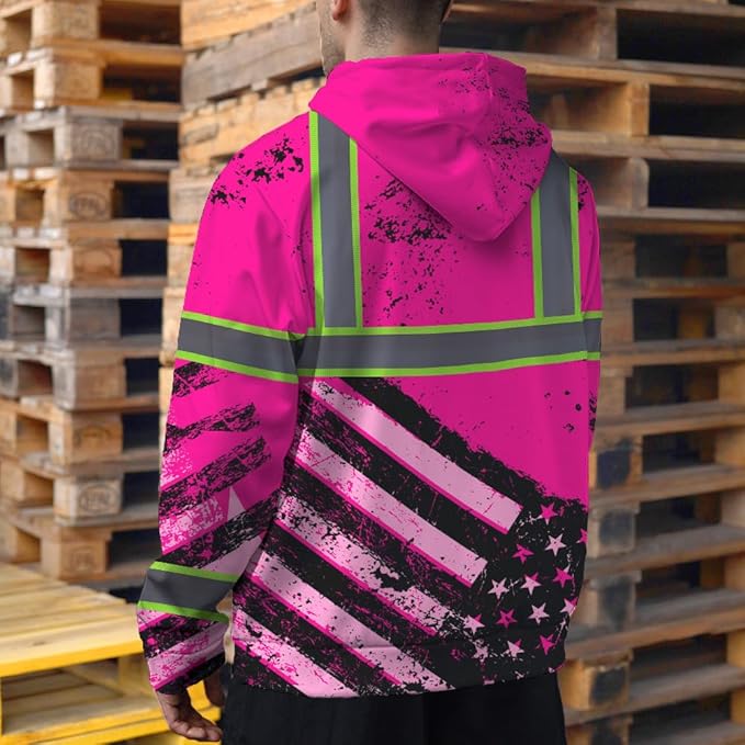 Color US Flag High Visibility Hoodie for Men Women Reflective Tapes Safety Workwear for Worker Runner Patriotic