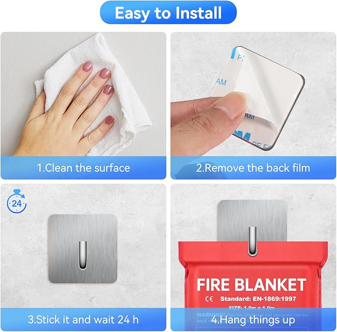 KRUI 4 Pcs Adhesive Wall Hooks for Emergency Fire Blankets, Heavy Duty Stainless Steel Wall Hanging Hooks Waterproof and Fireproof for Home Kitchen Bathroom Office