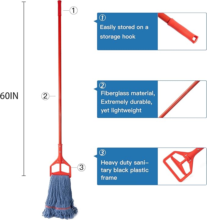 Matthew Heavy Duty Screw Clamp Mop Handle 60 inch Fiberglass Mop Stick,Commercial Mop Head Replacement Holder for Floor Cleaning,Quick Change for Wet Mop Handles w/Roller - 12Pack Red