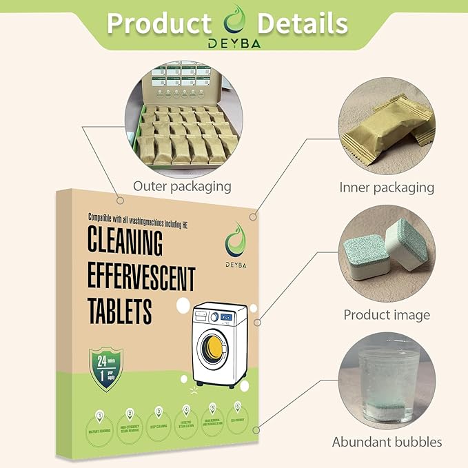 DEYBA Washing Machine Cleaner Tablets – Instant Foaming, Fast Dissolve, Eco-Friendly Odor Removal, Deep Cleaning for HE Front & Top Load, 24 Tablets