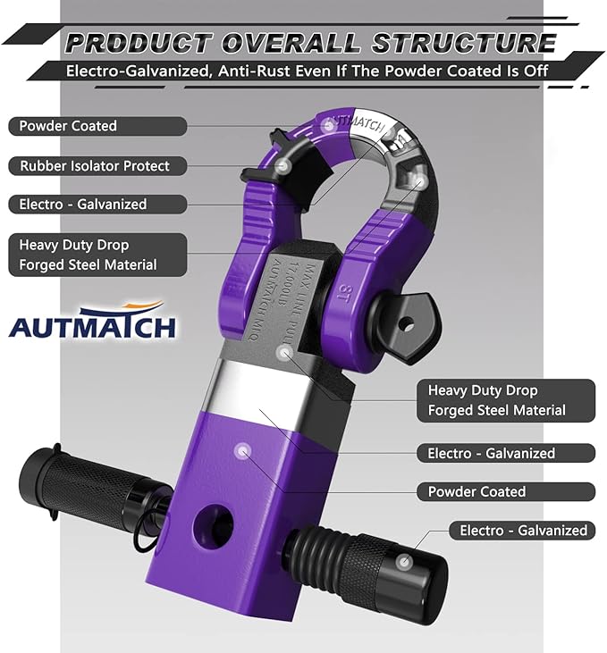 AUTMATCH Shackle Hitch Receiver 2" with 3/4" Mega D Ring Shackle and 5/8" Trailer Hitch Lock Pin, 68,000 Lbs Break Strength Heavy Duty Receiver Towing Kit for Off-Road Vehicle Recovery, Purple