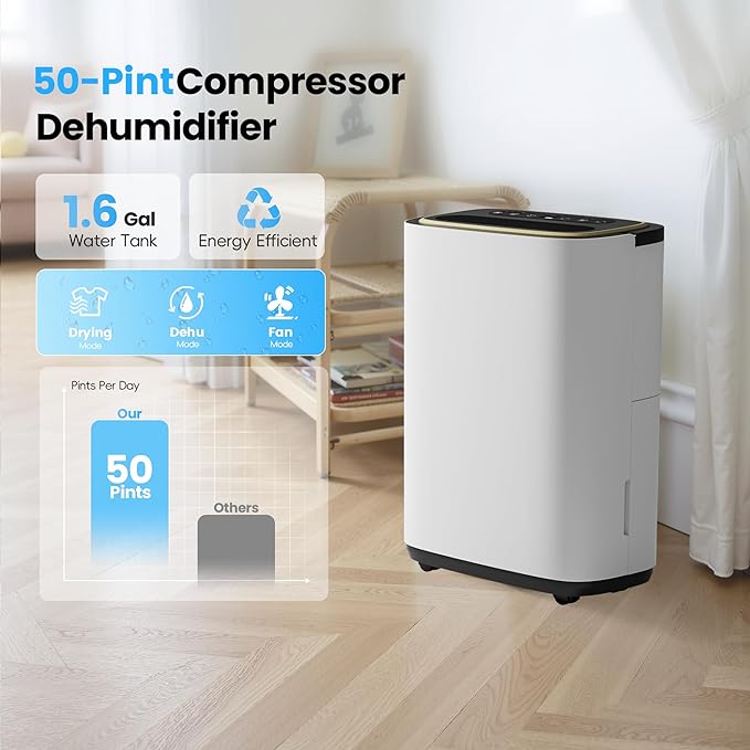 5000 Sq.Ft Dehumidifier, 50PT/24H Dehumidifiers with Drain Hose for Basement, Large Compressor Dehumidifier for Basement/Laundry/Bedroom/Office, Dehu/Dry/Air Mode, Humidity Display/Timer/Child Lock
