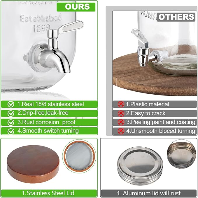 1 Gallon Drink Dispenser for parties,Glass Beverage Dispenser with Stand,Water Dispenser with 18/8 Stainless Steel Spigot,lemonade stand Dispenser for Fridge,Juice,Punch,Cocktails,Ice Tea & Sun Tea