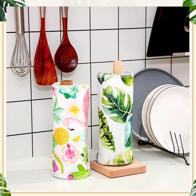 Redbaker 50 Pcs Reusable Paper Towels Paperless Reusable Cotton Cloths Toilet Absorbent Washable Paper Towels with Roll Kitchen Dishcloth for Kitchen Paperless Dishcloths(Leaves)