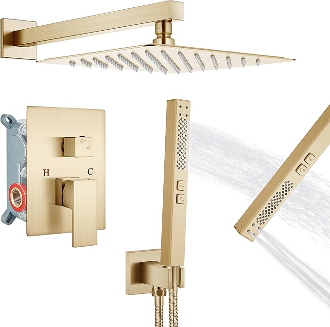 Shower Faucet Set Rainfall Shower System with Square Showerhead and Handle Set Fixture with 2 in 1 Function Handheld Sprayer Wall Mounted Trim Repair Kit Rough-in Valve 12 Inch Brushed Gold