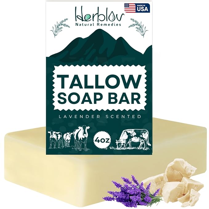 Beef Tallow Soap Bar – All Natural Grass Fed Tallow Soap Lavender – Moisturizing Face & Body Wash Great for Eczema, Dry, Itchy, Sensitive Skin – Handcrafted Bath Soap for Adults, Kids, Made in USA