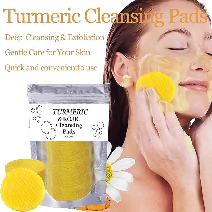 Turmeric Wash and Care 4 Piece Set - Lemon Turmeric Kojic Soap Bar & Cleansing Pads & Face Wash & Essential Oil, Jabon de Curcuma, Deep Cleansing Exfoliating Scrub Pads for Face & Body (A)