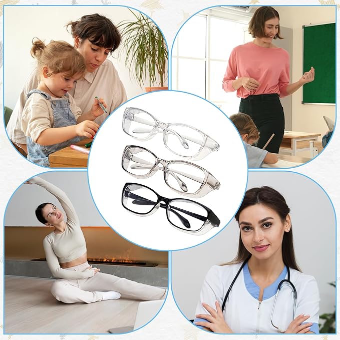3 Pack Safety Glasses Nurses Goggles Anti Fog Protective Eyewear Square Clear Stylish Lab Goggles Scratch Side Shields Eyewear Light Eye Glasses for Women Men Adults Essentials