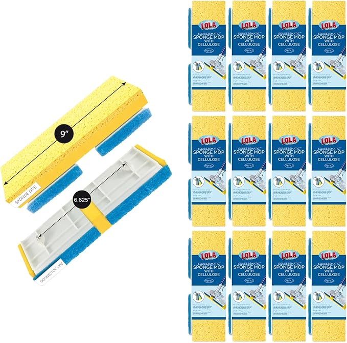 LOLA Cellulose SqueezeMatic Butterfly Sponge Mop Refill, 9", 12 Pack, Refill Head, Floor Cleaning, Compatible w/Quickie Type S Sponge Mop