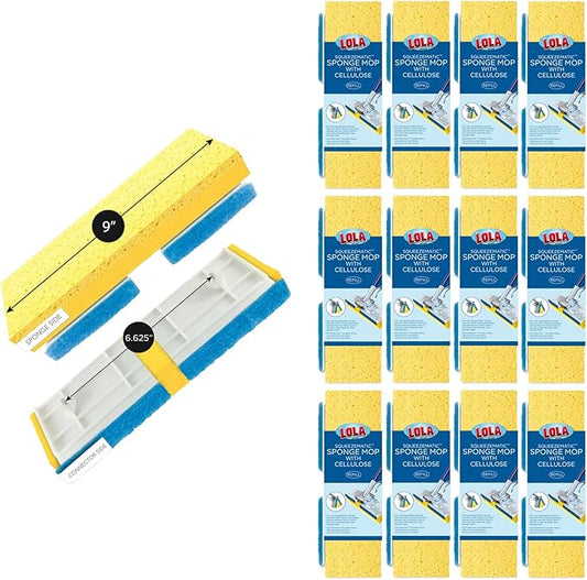 LOLA Cellulose SqueezeMatic Butterfly Sponge Mop Refill, 9", 12 Pack, Refill Head, Floor Cleaning, Compatible w/Quickie Type S Sponge Mop