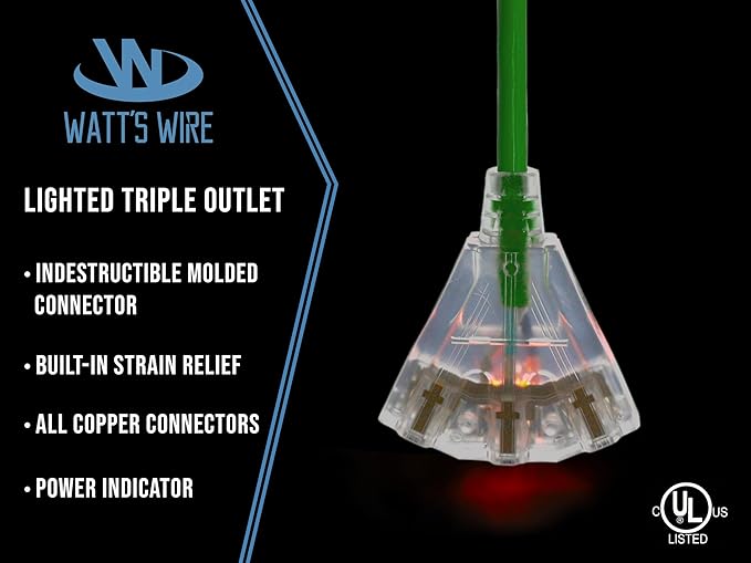 25 ft Outdoor Extension Cord Waterproof - 14 Gauge Heavy Duty Extension Cord Splitter - Lighted Outdoor Extension Cords with Multiple Outlets - Watts Wire - 25' Grounded - extensiones electricas