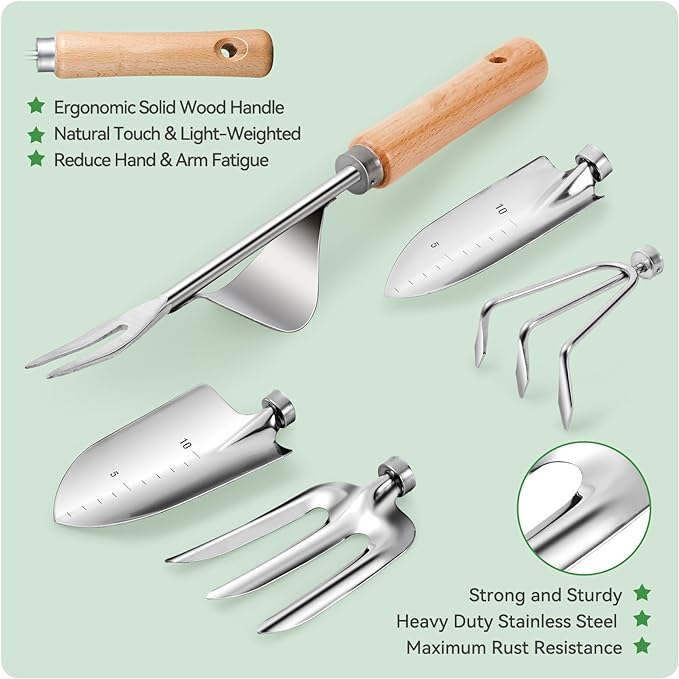 Gardening Tools 9-Piece Heavy Duty Garden Hand Tools with Fashion and Durable Garden Tools Organizer Handbag, Rust-Proof Garden Tool Set, Ideal Gardening Gifts for Women