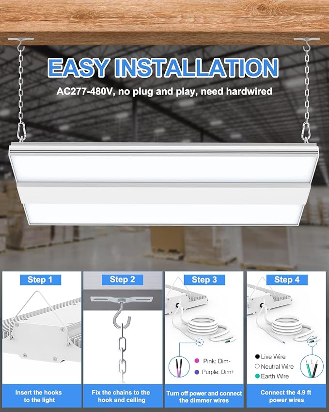 ADUB 480V 400W LED High Bay Shop Light Dimmable 0-10V, 2.2 FT LED Linear High Bay Light 60,000LM Large Area Illumination, 5000K Commercial Bay Lights for Warehouse 150 LM/W, AC 277-480V, ETL Listed