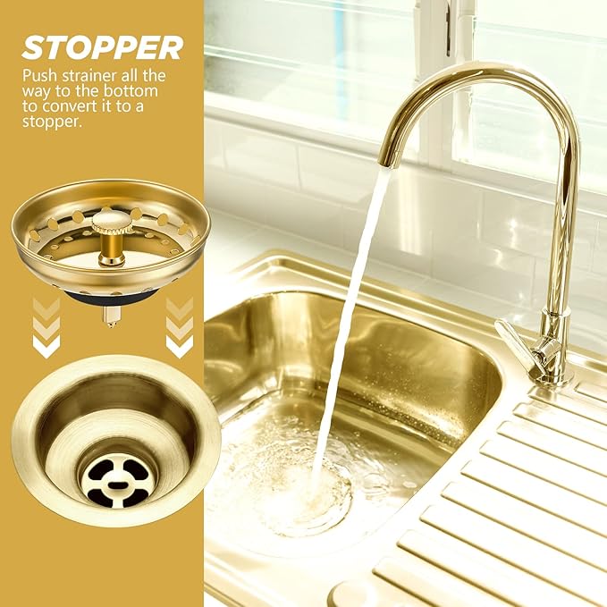 Retisee 2 Pcs Kitchen Sink Stopper Strainer Stainless Steel Drain Strainers for Universal 3-1/2 Inch Kitchen Sink Drain Replacement(Gold)