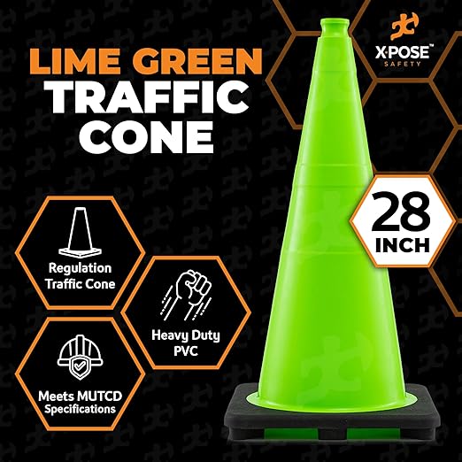 Xpose Safety 28” Lime Green Traffic Cone - 12 Pack - Premium PVC Safety Cone for Parking, Caution, Construction, Road Crews, Emergency Vehicle - DOT Approved