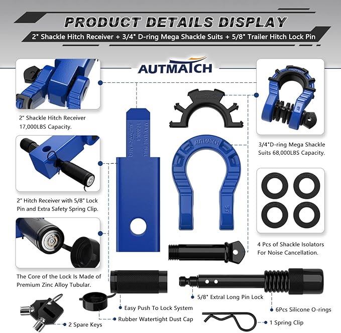 AUTMATCH Shackle Hitch Receiver 2" with 3/4" Mega D Ring Shackle and 5/8" Trailer Hitch Lock Pin, 68,000 Lbs Break Strength Heavy Duty Receiver Towing Kit for Off-Road Vehicle Recovery, Blue
