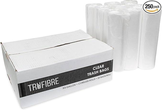 250 Count Large Clear Plastic Liners, 33 Gallon, 32x38 Inches for Waste Disposal, Home, Office, Small Business Recycling & Garbage Management