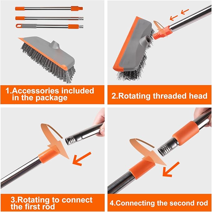 BITOPE Deck Scrub Brush with Long Handle, Heavy Duty Floor Scrubber with Stiff Bristles,Garage Concrete Cleaner Tool for Cleaning Tile Patio Outdoor Porch Indoor Kitchen Shower Bathroom