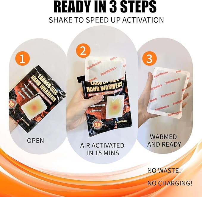 Hand Warmers Disposable - Up to 20 Hours of Heat - 50/100 Pack Super Long Lasting Air Activated Warmers, All Natural & Portable for Body, Hands & Toes - Odorless Hot Warmer Heater for Outdoor Sport