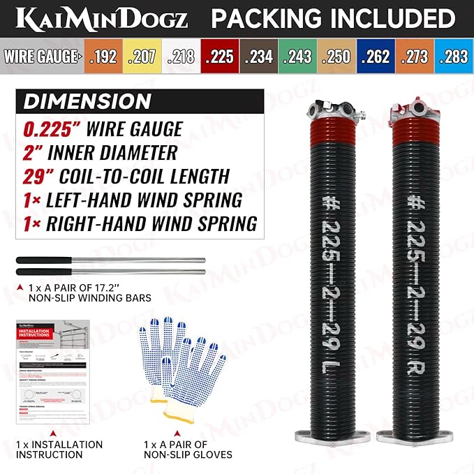 Pair of 2" Garage Door Torsion Springs Set with Non-Slip Winding Bar & Gloves,High Precision Electrophoresis Black Coated, for Replacement & Installation, MIN 16,000 Cycles (0.225x2''x29'')