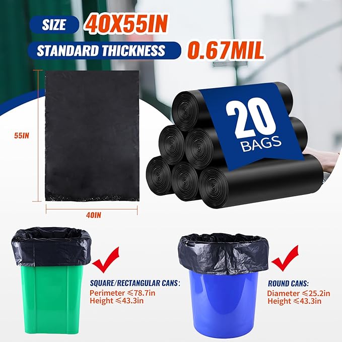 20 Count 55-60 Gallon Trash Bags, Tear-Free Large Black Garbage Bags for Kitchen, Office, Outdoor, Commercial Use, Lawn and Leaf Bags, Lightweight 17 Micron Design for Daily Dry Waste