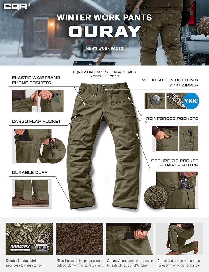 CQR Men's Winter Tactical Cargo Pants, Thermal Fleece Lined Outdoor Snow Ski Hiking Work