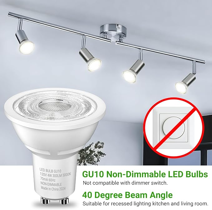 TJOY GU10 LED Light Bulbs Non-Dimmable, 4W, 5000K Daylight White, 300LM, Equivalent 35W, 2 Prong GU10 Bulbs Replacement for Recessed Track Lighting, MR16 LED Bulb for Living Room, Range Hood, 24 Pack