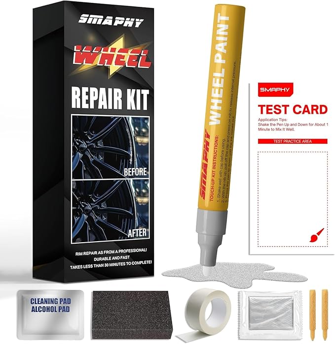 SMAPHY Bright Silver Rim Touch Up Paint, Wheel Scratch Repair Kit, Repair Curb Rash, Scratches, and Scuffs on Wheels Quickly and Easily, Universal Color Silver Wheel Paint