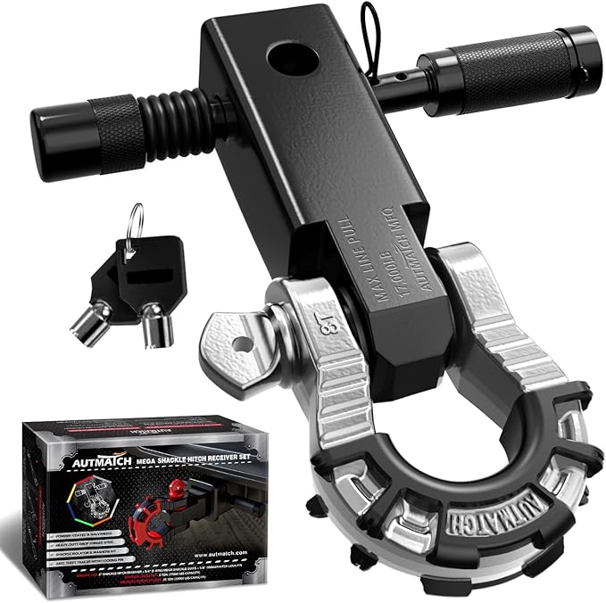 AUTMATCH Shackle Hitch Receiver 2" with 3/4" Mega D Ring Shackle and 5/8" Trailer Hitch Lock Pin, 68,000 Lbs Break Strength Heavy Duty Receiver Towing Kit for Off-Road Vehicle Recovery, Black & Silver