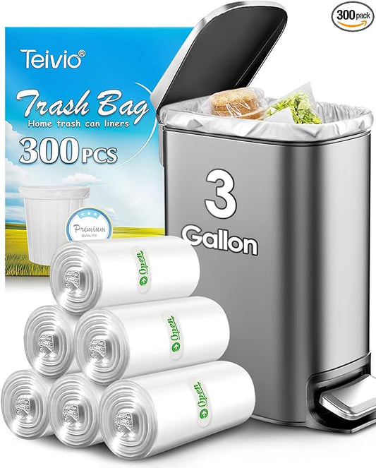 Teivio 3 Gallon 300 Counts Clear Trash Bags Garbage Bags, Mini Waste Basket Liners,Bathroom Trash Can Bin Liners, Small Plastic Bags for Home Office Kitchen Car Bedroom Dog waste Baby Diaper