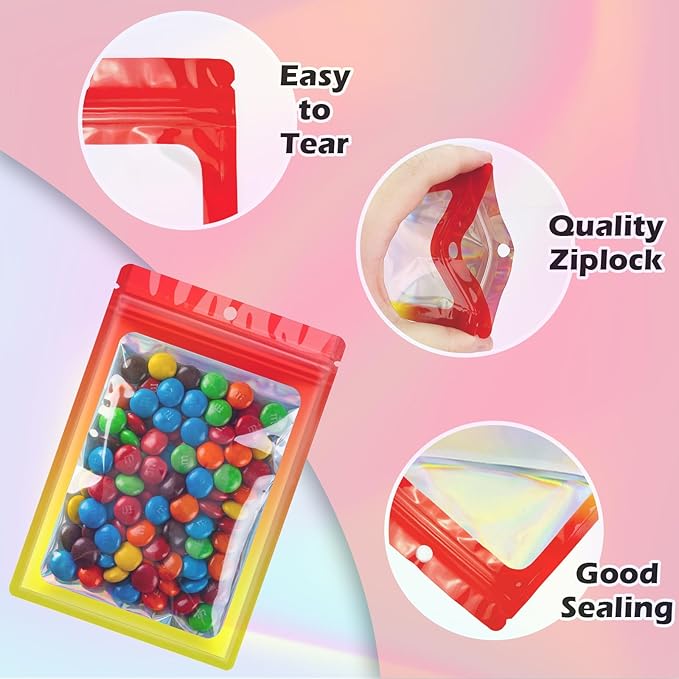 300 Pcs Reusable Holographic Mylar Bags, 3 Sizes, Smell Proof, Airtight, Multi-layered Polyethylene (PE) with Zipper Closure, Red Yellow