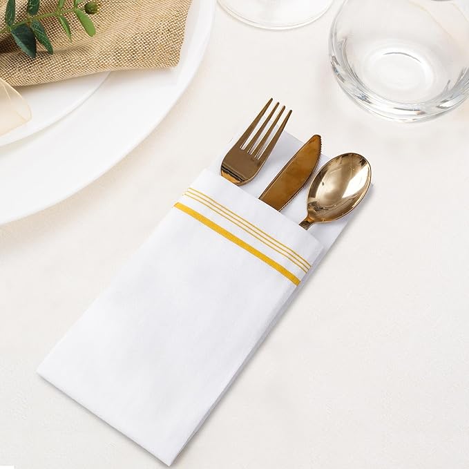 100 Disposable Paper Hand Towels for Bathroom, Linen Feel Guest Towels, Soft and Absorbent Paper Towels Napkins Bulk for Dinner Parties Kitchen Wedding Graduation, 12" x 17"(Gold Trim Lined)