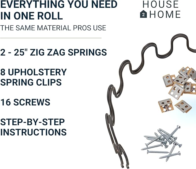 House2Home 25" Sofa Upholstery Spring Replacement, 2pk Repair Kit for Furniture Chair Couch, Includes Clips, Screws, and Instructions