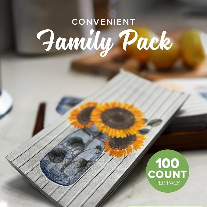 SimuLinen Decorative Sunflower Disposable Bathroom Guest Towels - Cloth-Like, Single-Use, Linen Feel Paper Towels, 12x17", 100ct (Made in Germany)