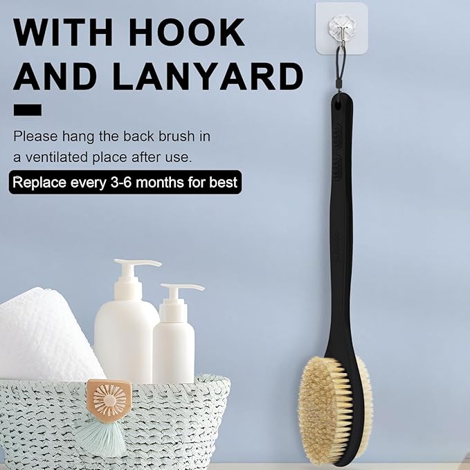 Back Scrubber, Back Scrubber for Shower, Bath Brush Long Handle for Shower with Double Sided Bristles for Wet or Dry Brushing (Black)
