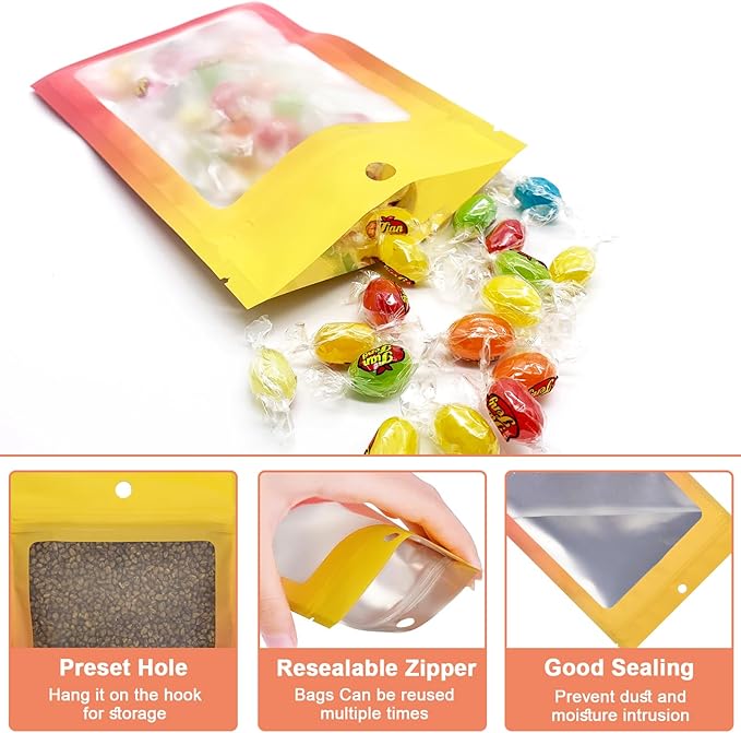 300 Pcs Gradient Mylar Bags, 3 Size Smell Proof Bags with Clear Window Foil Pouch Bags Resealable Bags for Small Business and Food Storage, Yellow Orange