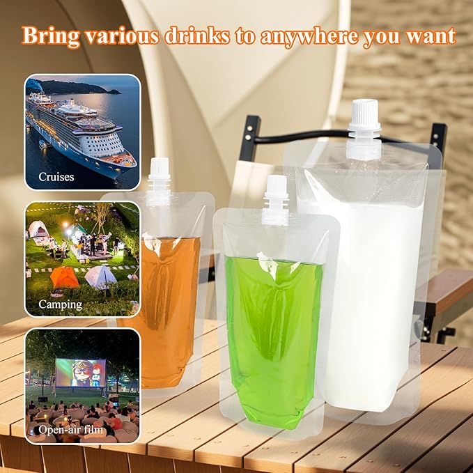 12PCS 16OZ Plastic Flasks,Reusable Drink Pouches with Funnel,Spouted Drinking Bags for Liquid Juice,Leak-Proof Food Grade for Travel Outdoor Sports Concert Cruise Events