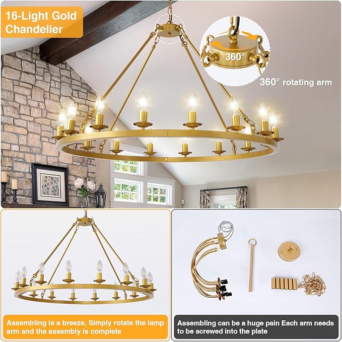 Wagon Wheel Chandelier, 16-Light Gold Modern Rustic Large Farmhouse Chandelier Adjustable Height Light for Ceiling Living Room, Entryways, Foyer, Dining Room, Kitchen