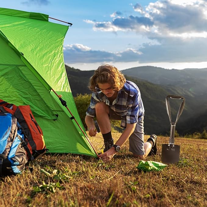 Large Folding Shovel, Overall Length 24Inches, Foldable Design with Portable Bag, Made of Durable Materials, Serrated Edge, for Camping, Hiking, Gardening, Fishing & Emergencies (Black)