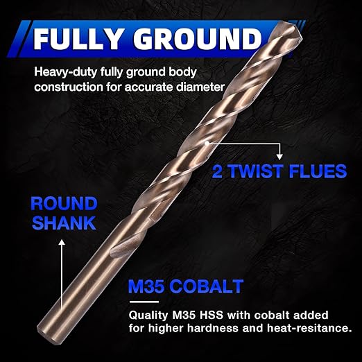 1/4 Inch Cobalt Drill Bit Set (10Pcs), M35 Fully Grounded 5% Cobalt Bits for Hardened Metals, Stainless Steel, Cast Iron and Wooden Plastics, with Storage Box