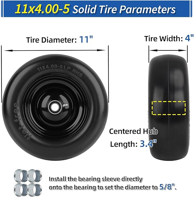 11x4.00-5” Flat Free Lawn Mower Tire and Wheel with Bearing Bore 3/4" or 5/8", 3.4"-4"-4.5"-5" Centered Hub, Smooth Tread Tire for Zero Turn Mowers, 2 Pack