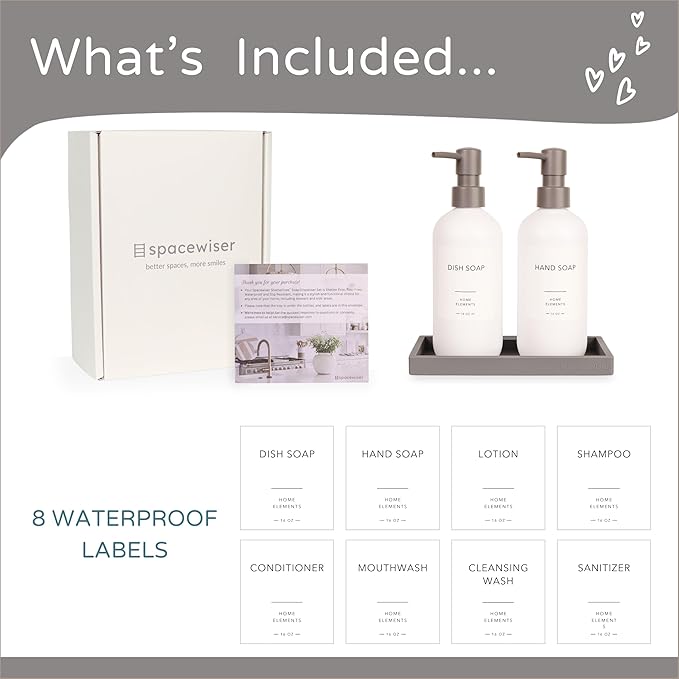 Plastic Soap Dispenser Set - PET Plastic Dish Soap Dispenser for Kitchen, Hand Soap Lotion Bottles with Pump Dispenser for Bathroom, Includes 8 Waterproof Labels, 16 oz, Gray Silicone Tray