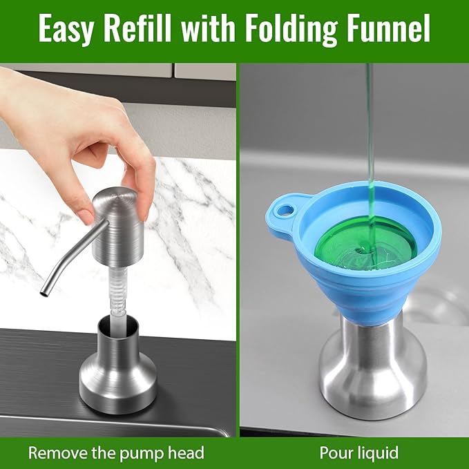 Soap Dispenser for Kitchen Sink, Kitchen Sink Soap Dispenser with 17 OZ Bottle, Refill from The Top Bar, Longer Threaded Shaft Shank, Wide Pump Head Base (Brushed Nickel)