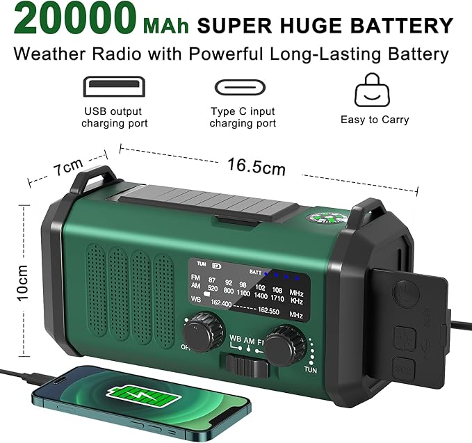Emergency Hand Crank NOAA Weather Radio with Solar Charging 20000mAh Battery Built-in Flashlight, Reading Light & SOS Alarm AM/FM Weather Bands Compact & Portable for Camping & Emergencies