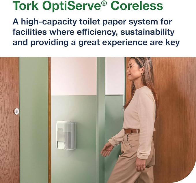 Tork OptiServe 2-Roll Coreless Toilet Paper Dispenser White T7/T5, Vertical Dispenser, Elevation Design + Tork Coreless High-Capacity Toilet Paper Roll White T7, Universal, 2-ply, 36 x 1100 Sheets
