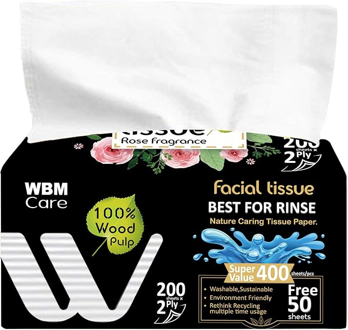 WBM Care Facial Tissues with Rose Fragrance, 200 Sheets per Pack, 20 Packs Totaling 4000 Sheets, Soft, Gentle, Perfect for Daily Use and Sensitive Skin