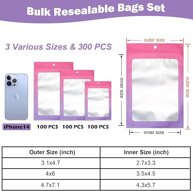 300 Pcs Gradient Mylar Bags, 3 Size Smell Proof Bags with Clear Window Foil Pouch Bags Resealable Bags for Small Business and Food Storage, Pink Purple