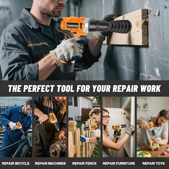 12V Orange Portable Drill Set, 2 Batteries + Fast Charger Included, 2-Speed Control, 3/8" Keyless Chuck, 24+1 Torque Settings, LED Work Light for DIY